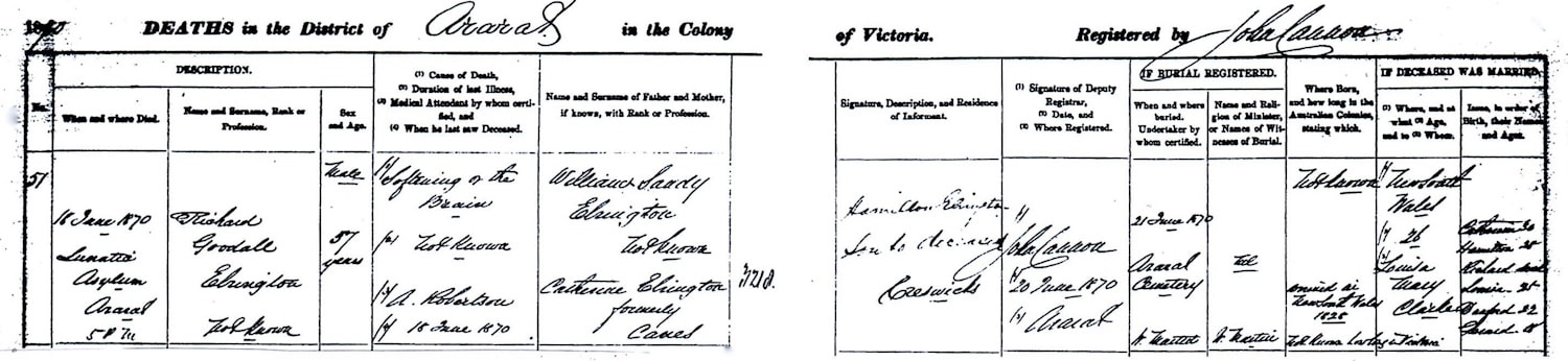 Richard Elrington, death certificate, 1870