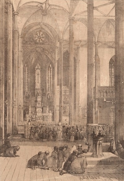 John Skinner Prout, Interior of St. Mary's Cathedral Sydney, c.1841-44; State Library of New South Wales