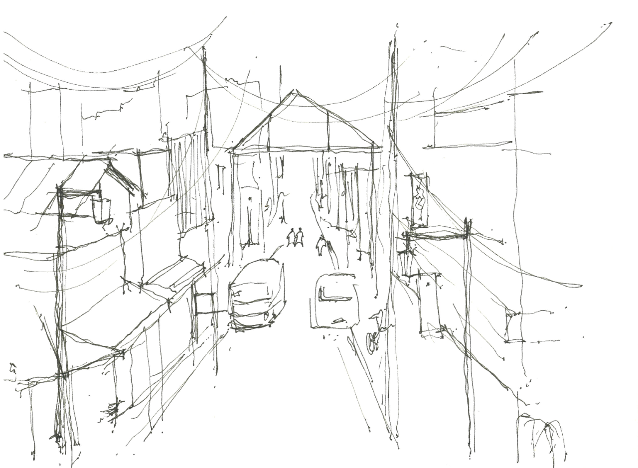 Sketch of the main Yanaka Ginza gate by Rachel Liang