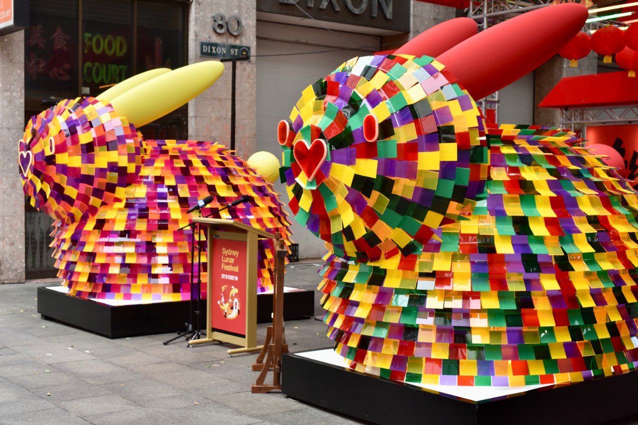 Giant rabbit lanterns A-hong and A-zi on Sydney's Dixon Street