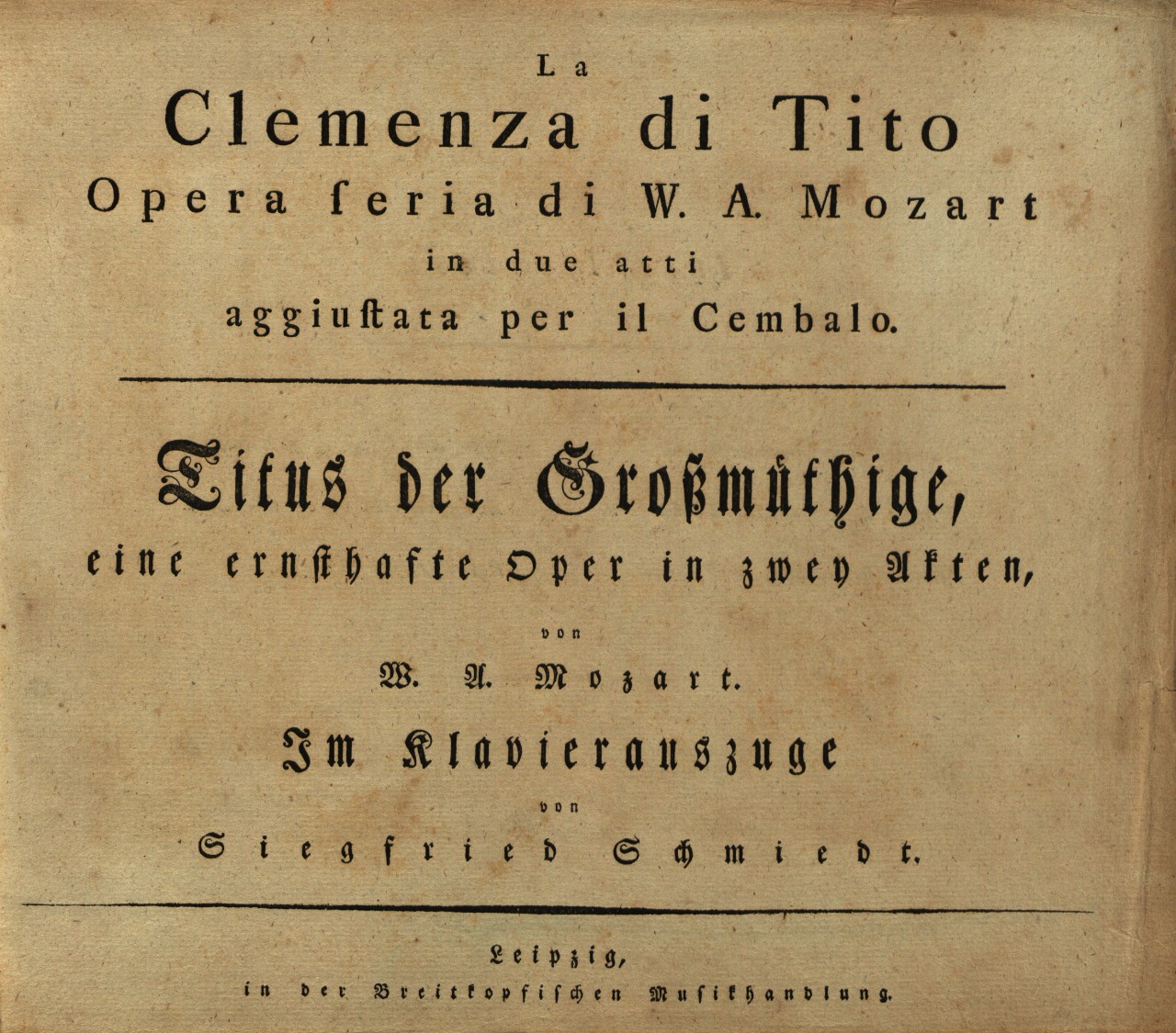 Image of Wolfgang Amadeus Mozart's vocal score of Clemenza di Tito. 1795