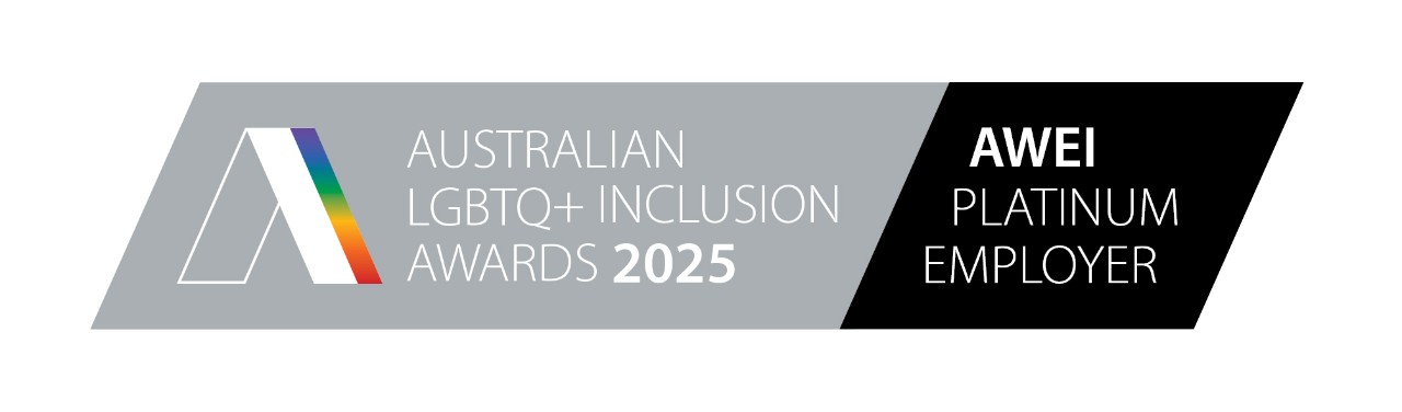 Logo that reads "Australian LGBTQ+ Inclusion Awards 2025, AWEI Platinum Employer"