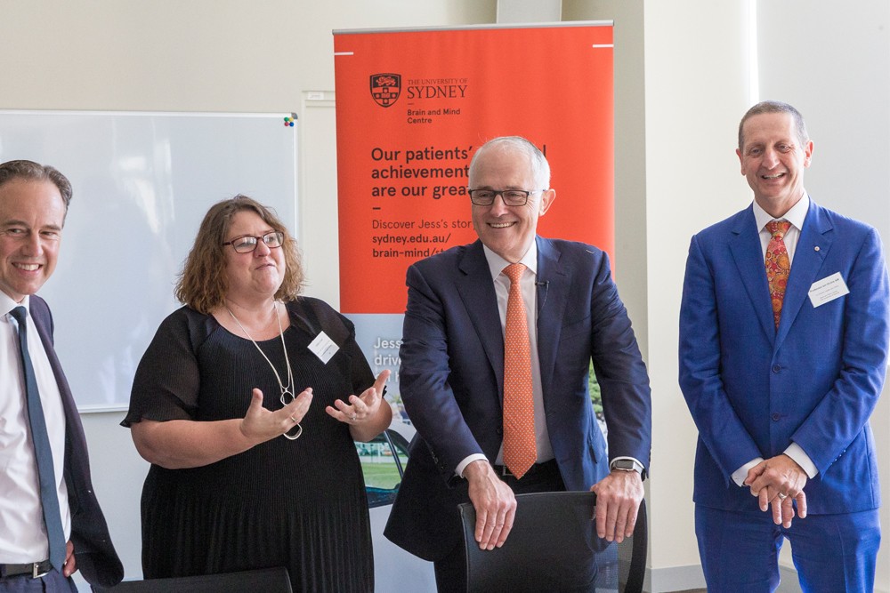 Jackie Crowe (second from left) with Professor Ian Hickie, Prime Minister Malcolm Turnbull and Minister for Health Greg Hunt at Brain and Mind Centre last week