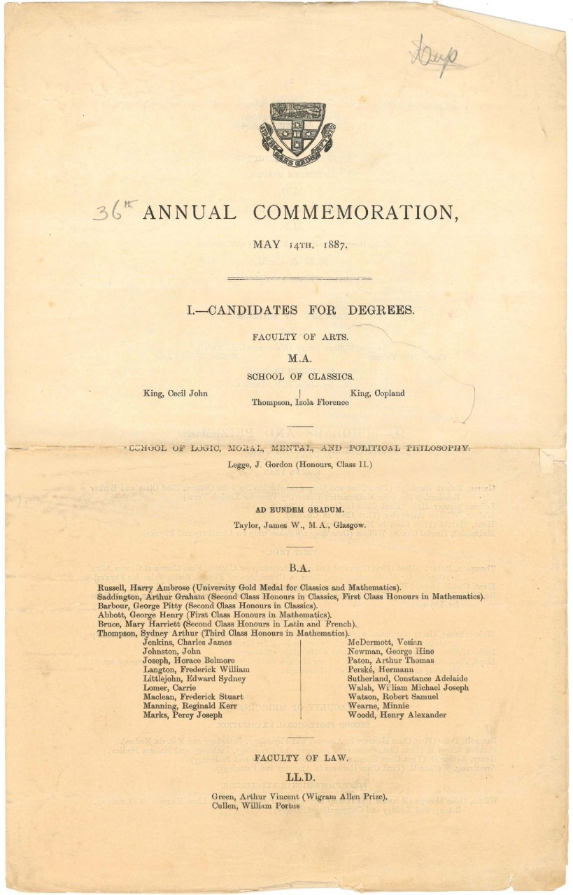 A graduation ceremony booklet from 1887 showing Isola Florence Thomas graduating from an MA. 