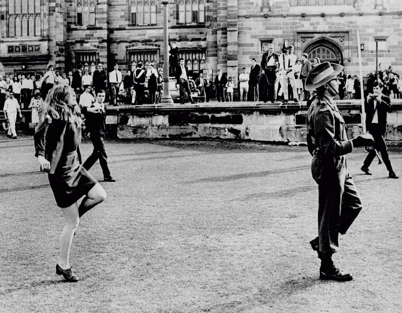 Students protesting during the Sydney University Regiment guard of honour in 1969.