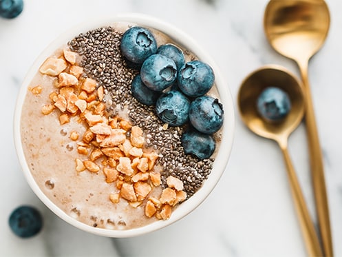 chia seed breakfast bowl with blueberries