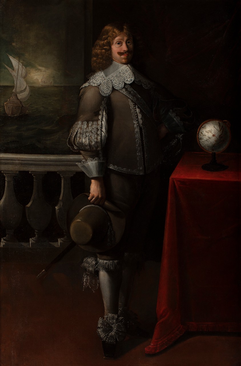 Painting of man with ship painting in background