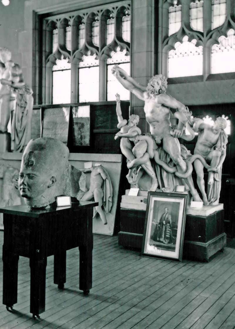 Interior black and white photo of the Nicholson exhibits.