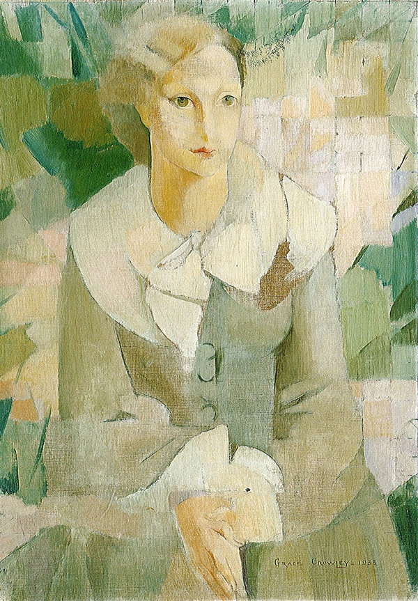 Painting of a lady dressed in green against green background, titled 'Portrait in grey' by Miss M Roberts.