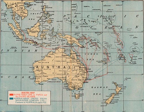 Blue and yellow map of the Pacific Islands including Australia