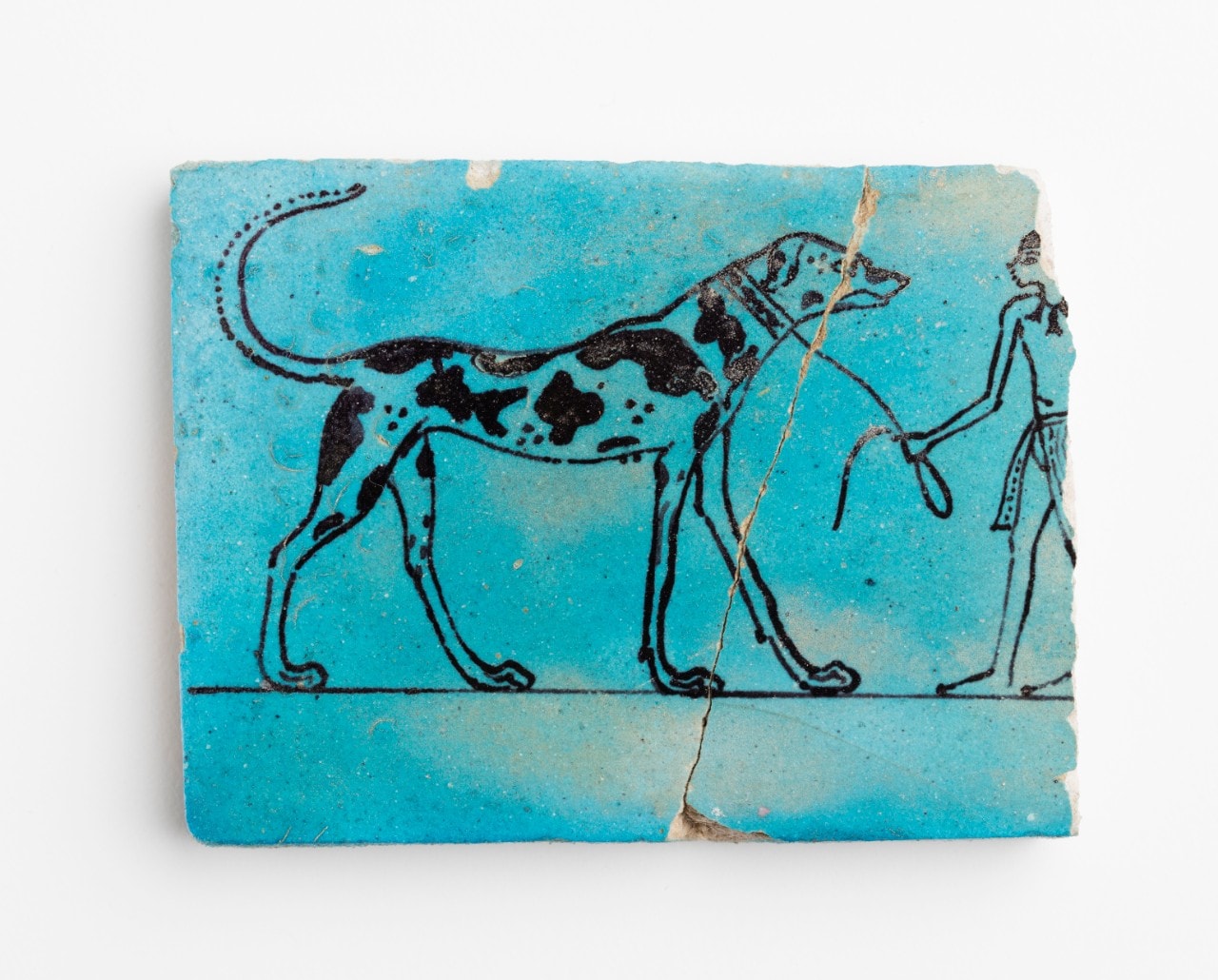 Blue tile with a small man leading a large dog