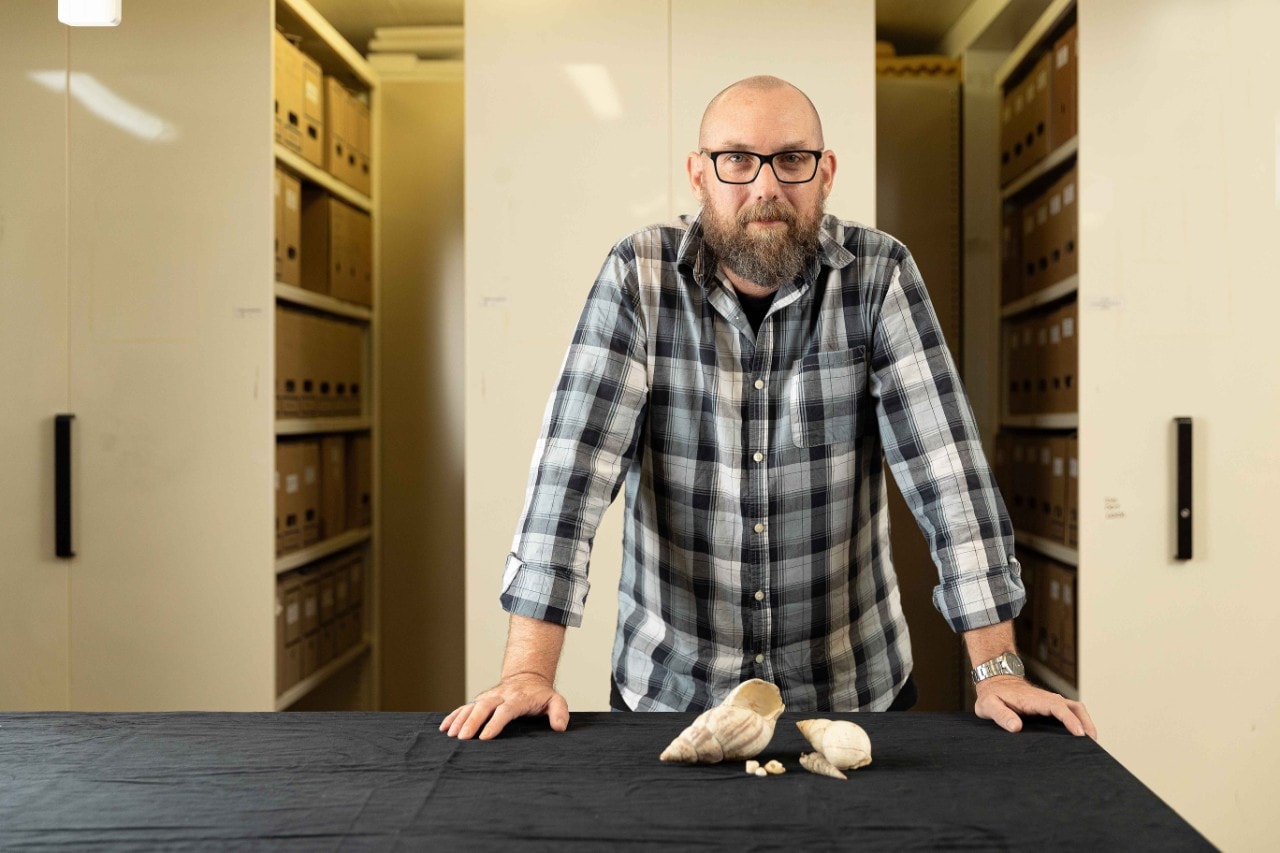 Patrick Faulkner and archaeological snail shell on the table 