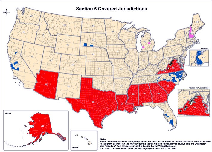 Map of states in the US formally under preclearance