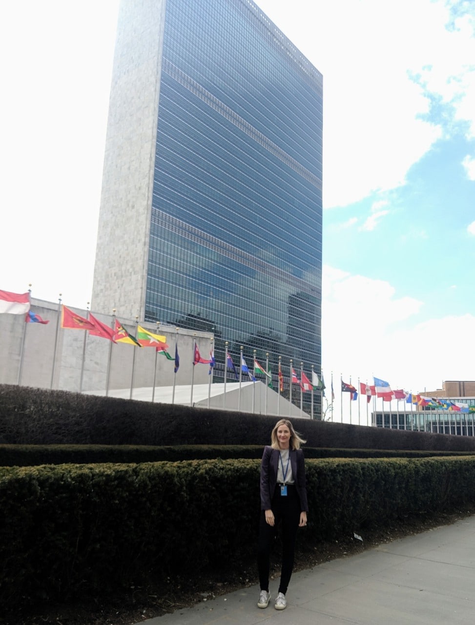 Anna-Grace Millward, 2019 Global Voices recipient, outside the UN.