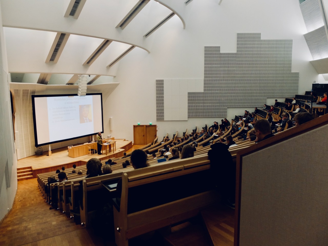 Looking into a university lecture theatre
