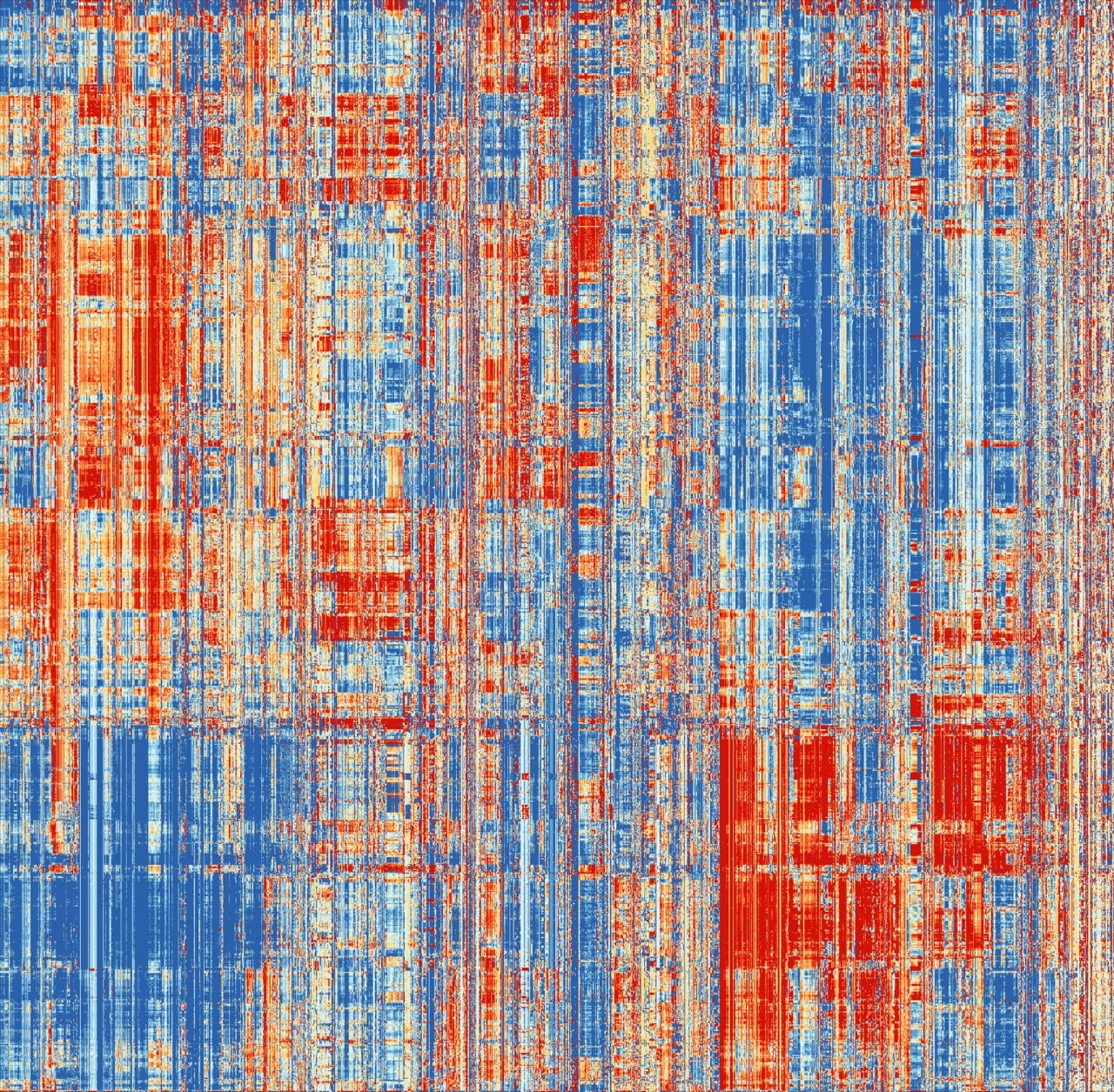 Vertical lines of red and blue, in an uneven distrbution representing different signals