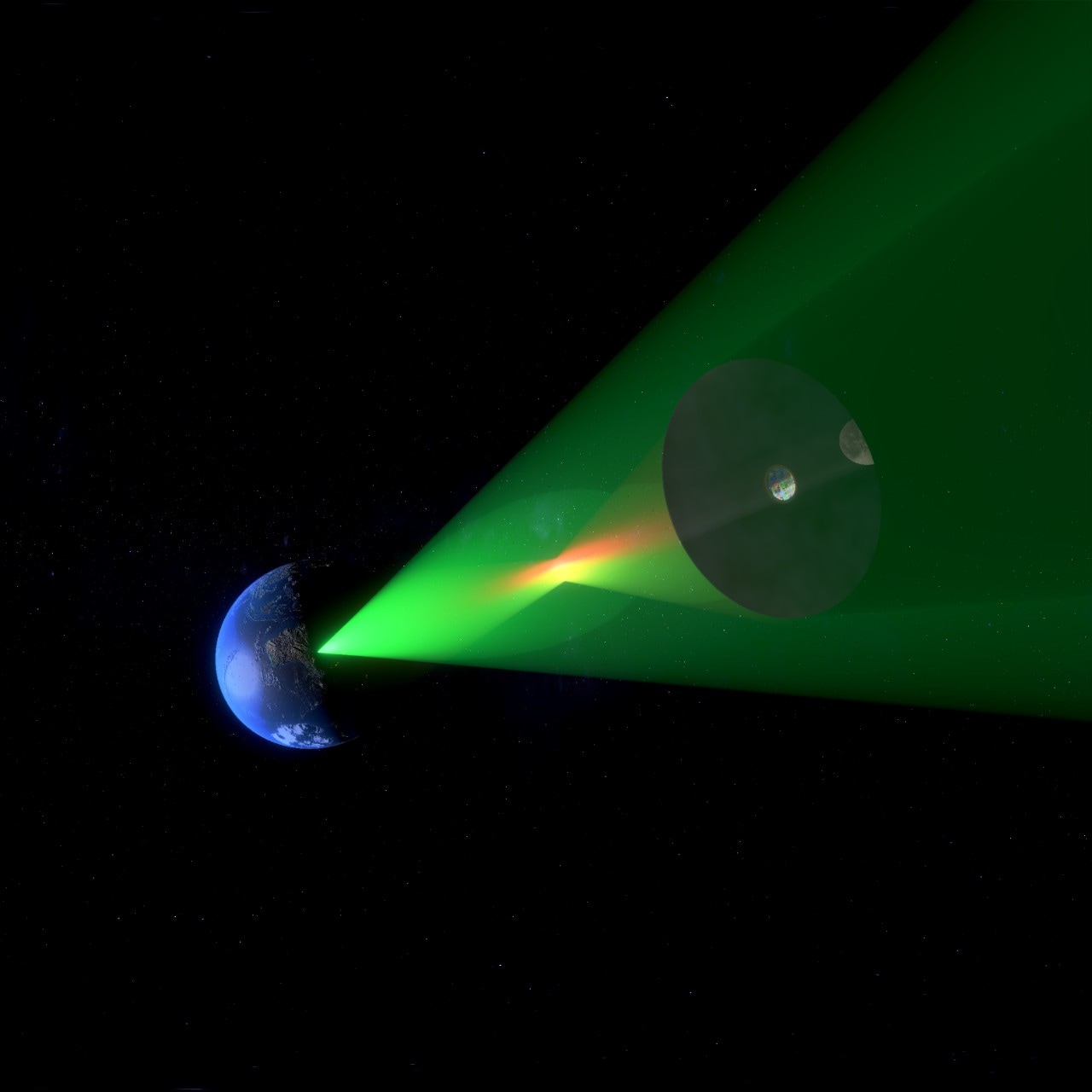 an image of the earth with a cone of green light coming out of it. In the cone of light is a circular solar sail floating away from earth
