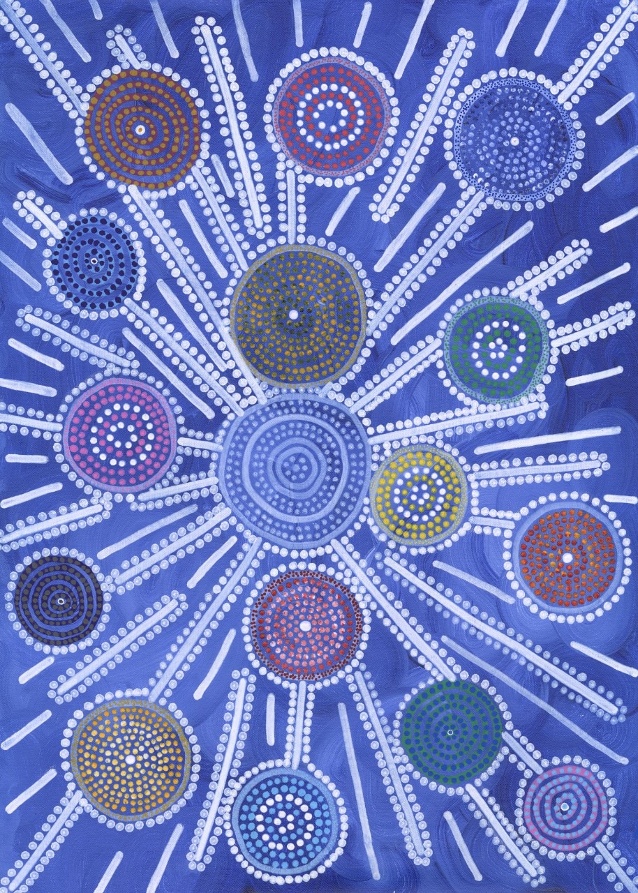 A blue background upon which is a dot painting with circles of different colours such as red, pink, yellow, orange and blue representing how gases move through the stars.