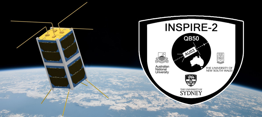 Artist's impression of AU03 INSPIRE-2 deployed in orbit with INSPIRE-2 logo