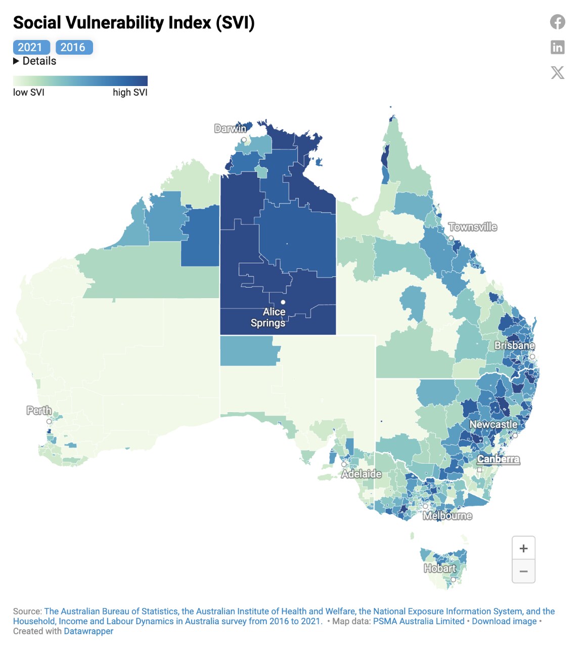 Visualisation of Social Vulnerability Index data over a map of Australia