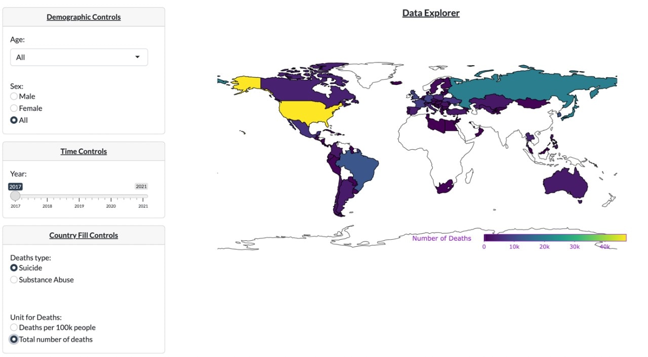 The Judge's Choice winner - a suicide epidemic. The visualisation shows a screenshot of the interactive piece, showing where deaths are highest across a map pof the world. See outline after image. 