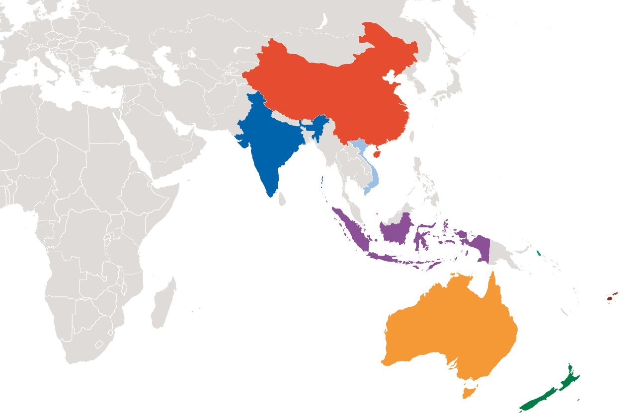 Coloured map featuring Australasia/pacific highlighting current MBI research projects