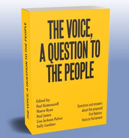 Photo of digital book cover with black text on a yellow background with the title 'The Voice, A Question to the People'