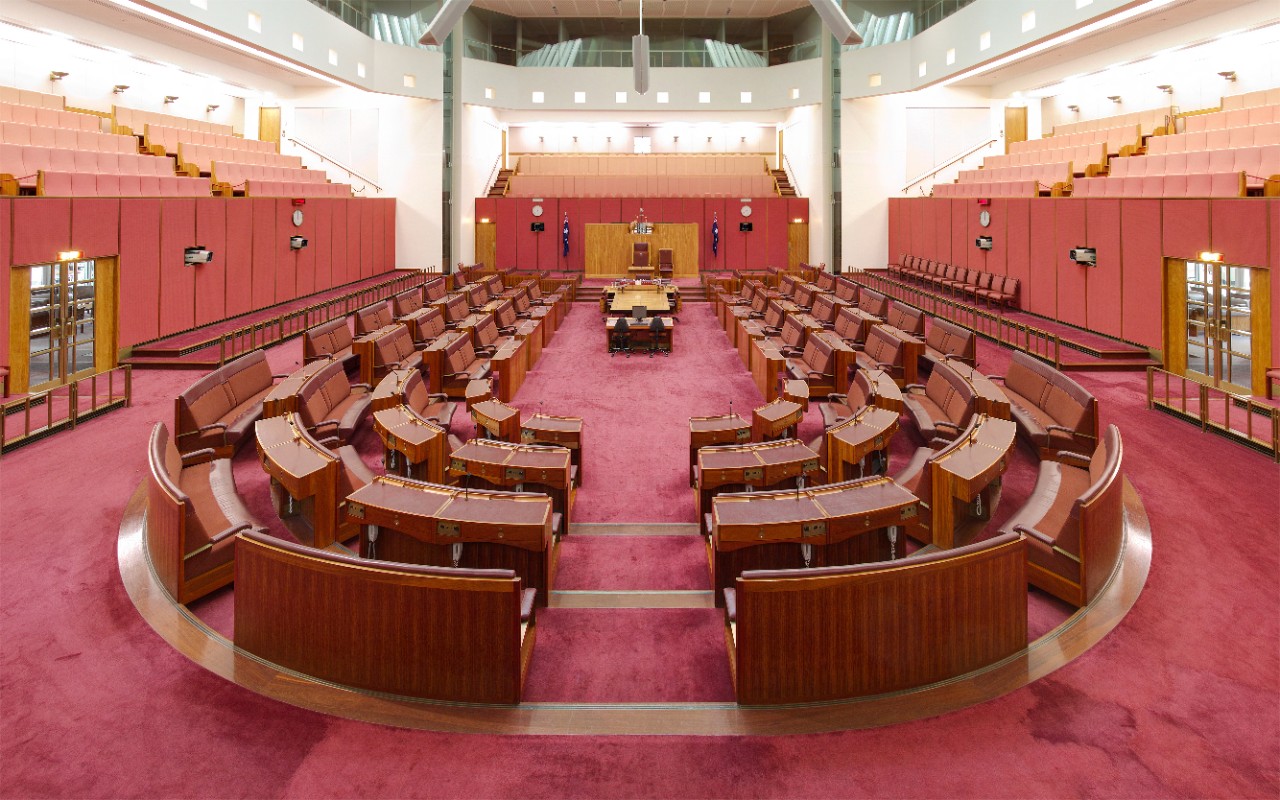 The chamber of the Australian Senate at Parliament House, Canberra. Image: Wikimedia
