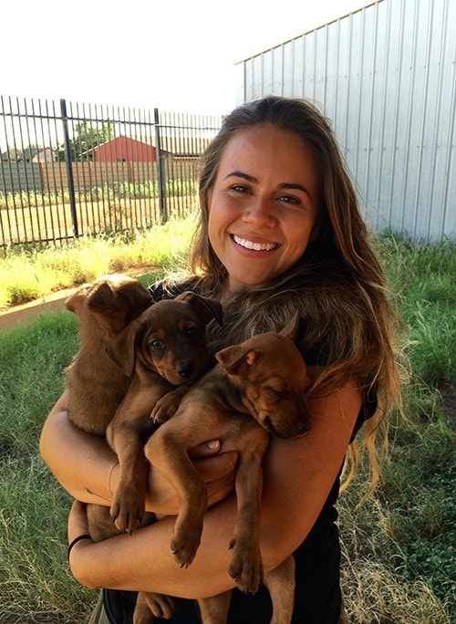 Image of Simone Armstrong with puppies in Northern Territory rural aboriginal community