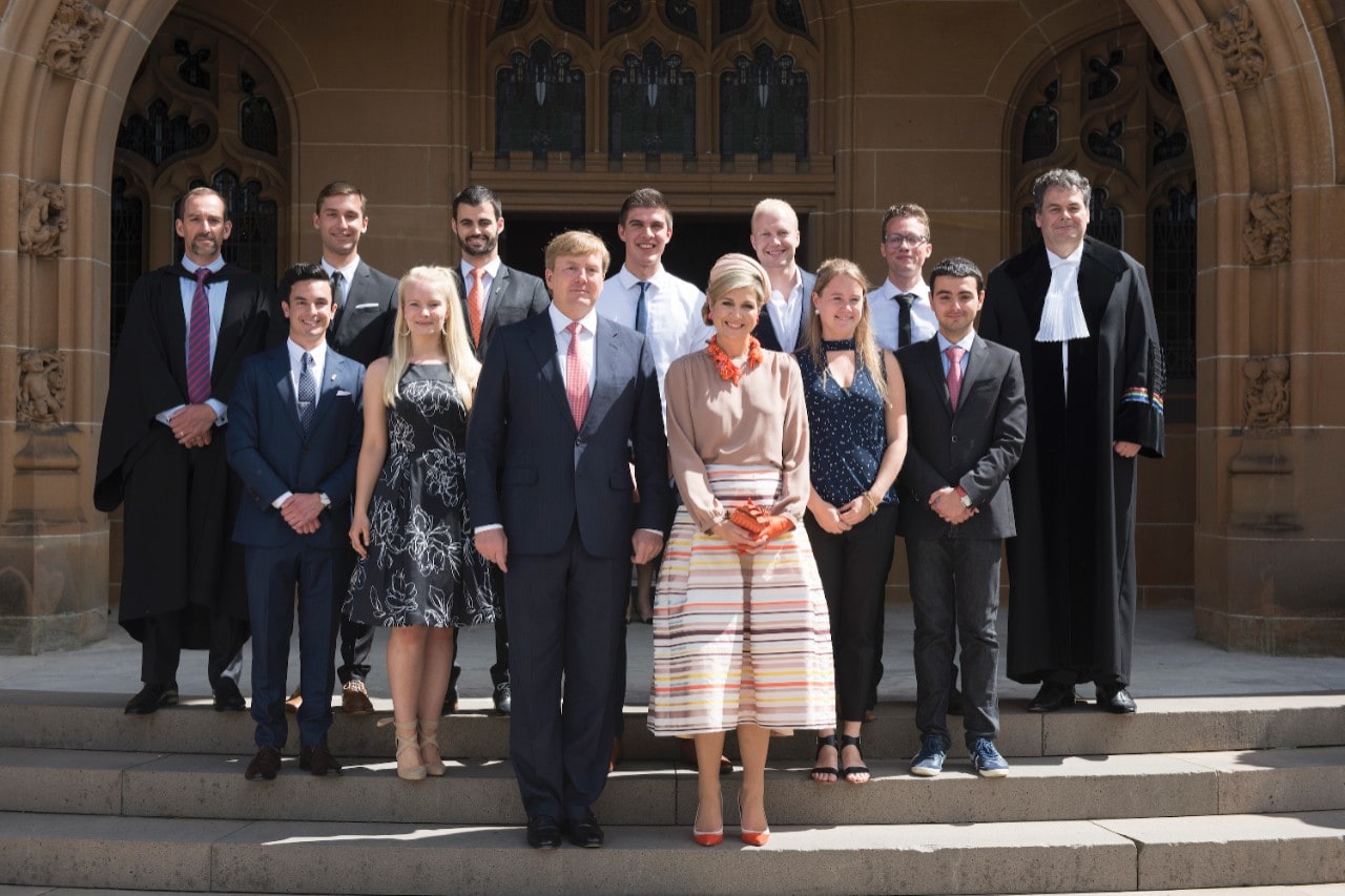 His Majesty King Willem-Alexander and Her Majesty Queen Máxima of The Netherlands with Professor Professor Frans Verstraten (University of Sydney) and Prof Marc in Het Panhuis (University of Wollongong) and students from the University of Sydney, UNSW and University of Wollongong.