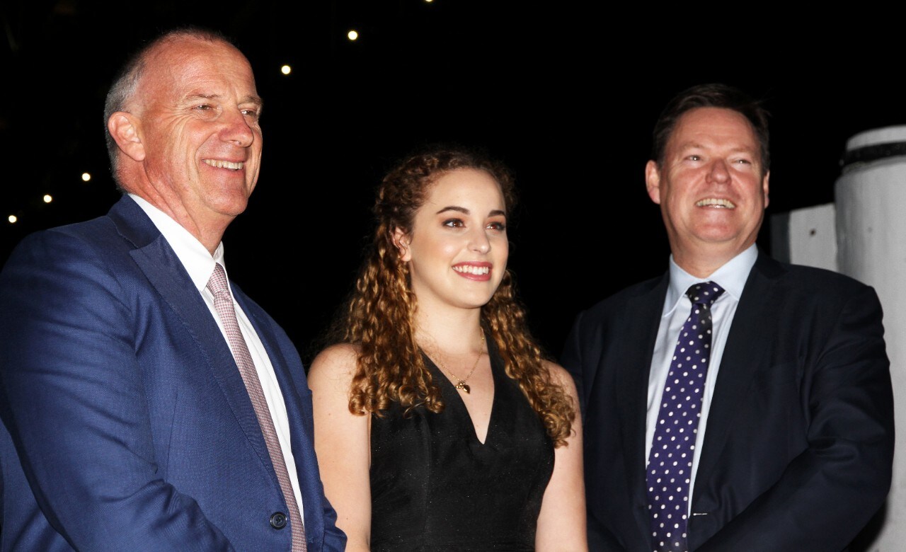 Dr Michael Spence, Vice Chancellor of the University of Sydney (left) and Steve McCann, Managing Director and CEO of Lendlease (right) with Kate Zambelli, 2016 Lendlease Bradfield Urbanisation Scholarship recipient (centre).