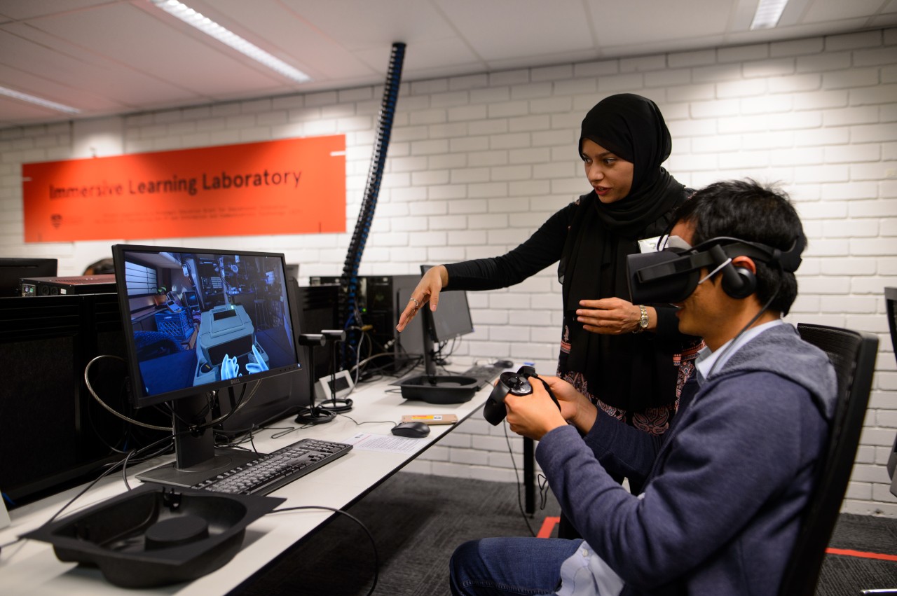 Students use Oculus Rift headsets in the new Immersive Learning Laboratory.
