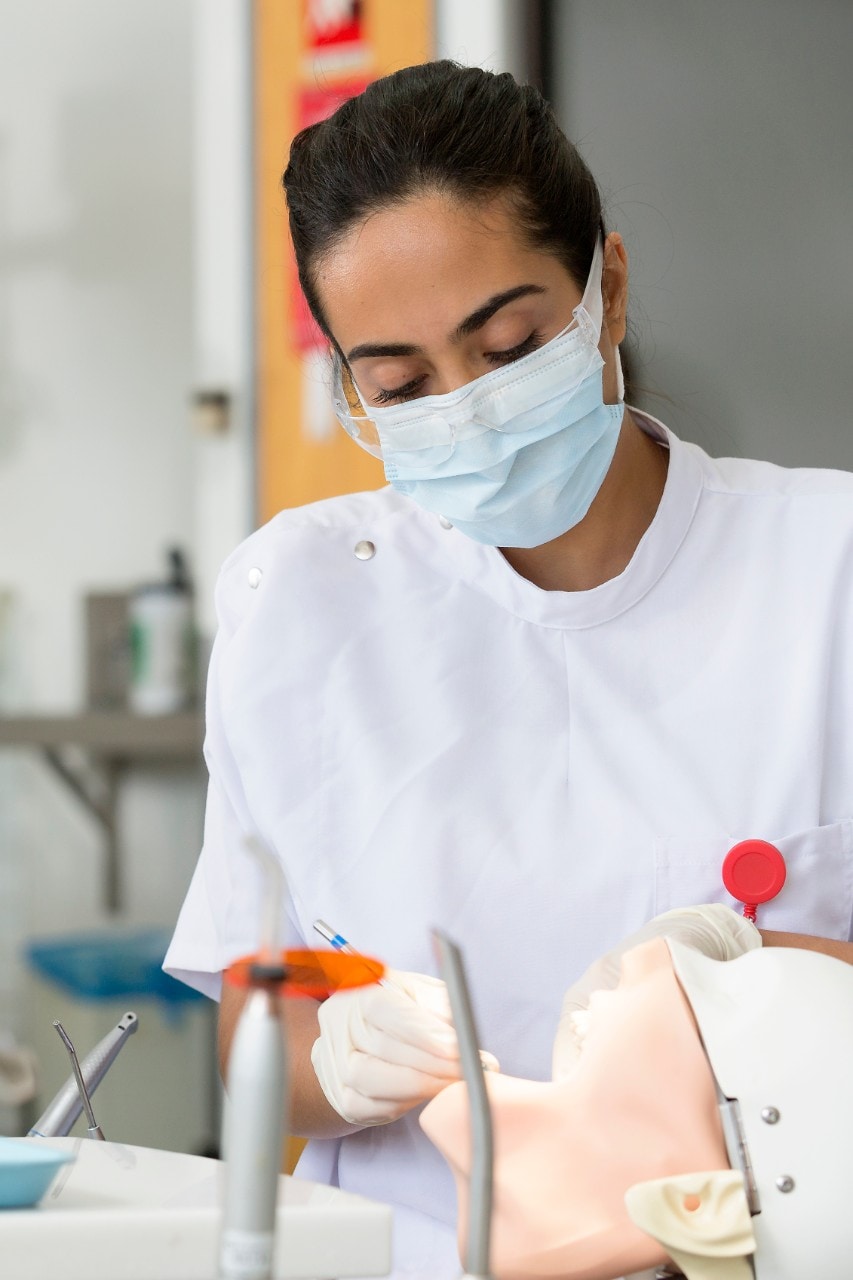female dental student working on dummy