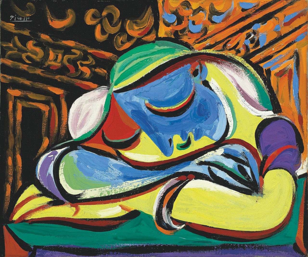A colourful painting of a woman resting her head on her arms, eyes closed.