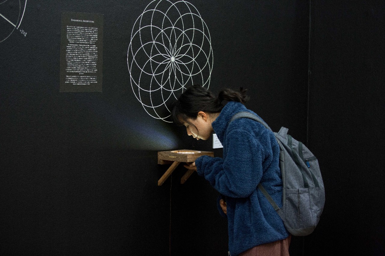 A woman inspects an artwork at Fauvette exhibition by Richard Kean