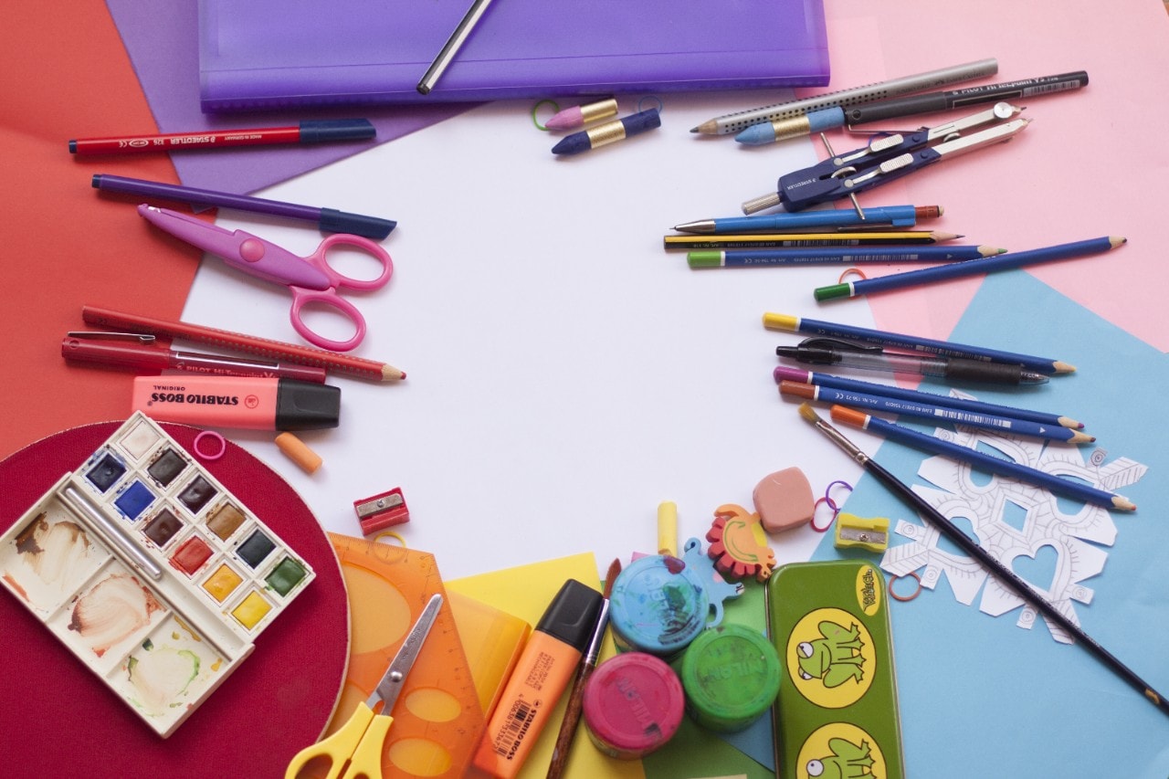 A selection of colourful stationery.