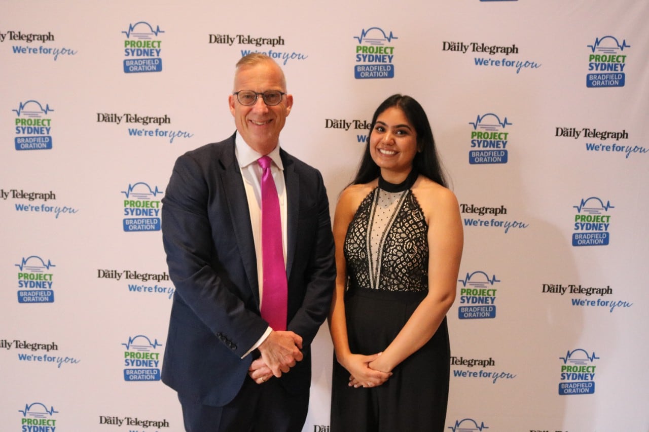 Vice-Chancellor Michael Spence with economics/law student Kavya Nagpal at the Bradfield Oration.