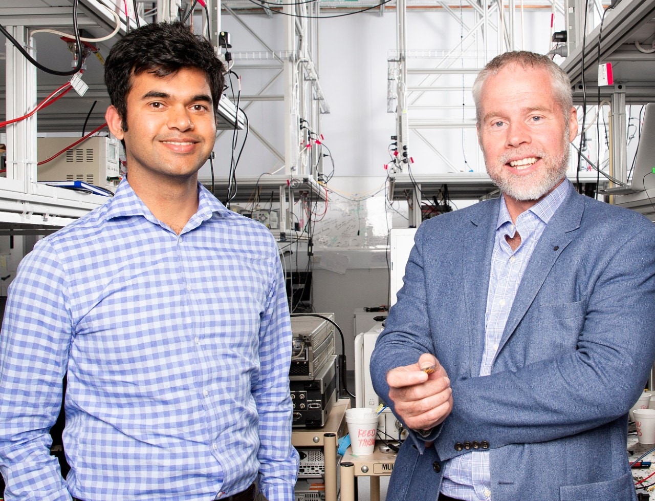 Dr Amol Choudhary (left) and Sydney Nano Director Professor Ben Eggleton in one of the photonics labs at the Sydney Nanoscience Hub.