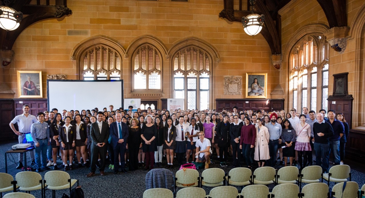 Vice-Chancellor Dr Michael Spence with the 200 NSW high school students who were asked to identify innovative solutions to some of the world's most complex medical challenges.