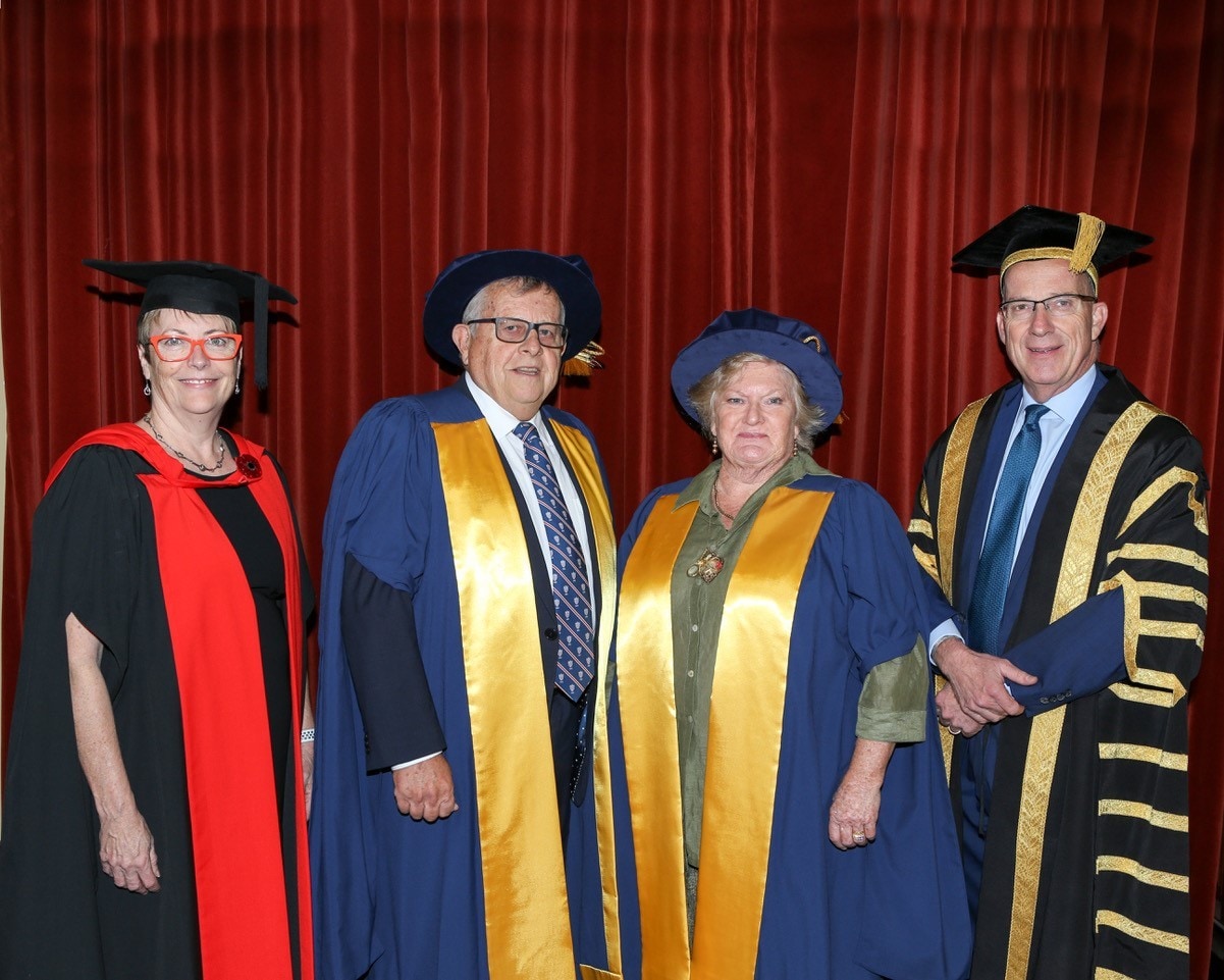 Barry and Joy Lambert (centre) with Professor Cheryl Jones, Head of School and Dean, Sydney Medical School, and Vice-Chancellor and Principal, Dr Michael Spence (L-R).
