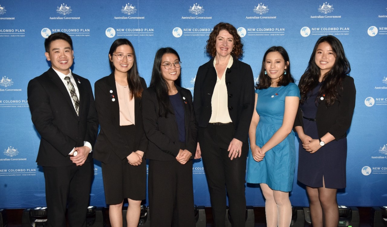 From L - R: Andrew Trinh, Alvina Lock, Meggie Zhang, Clare Walsh (Deputy Secretary of the Department of Foreign Affairs and Trade), Florence Fermanis, Anita Wang