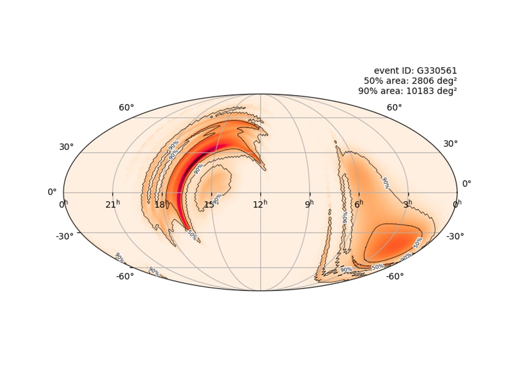 LIGO localisation for the neutron star merger S190425z. The area covers about a quarter of the entire sky. Source: LIGO