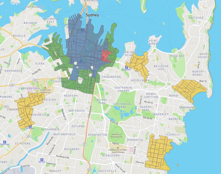 A map of Sydney, marked into precincts.