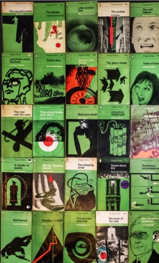 Mid-century, green-saturated Penguin crime literature paperbacks