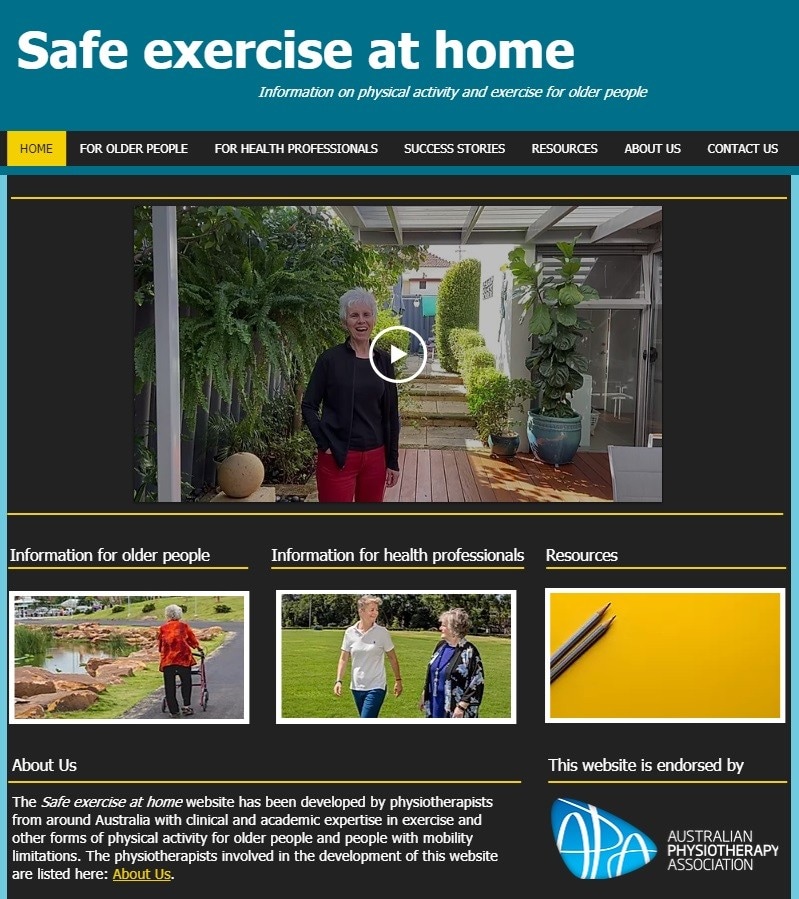 Homepage of the Safe exercise at home website, accessible at www.safexerciseathome.org.au