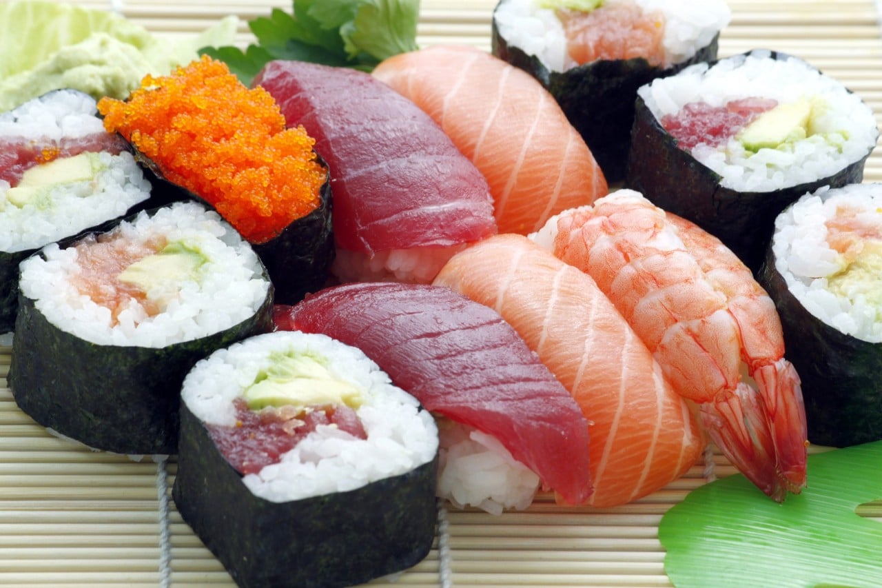 Photo of raw fish sushi in a Japanese meal