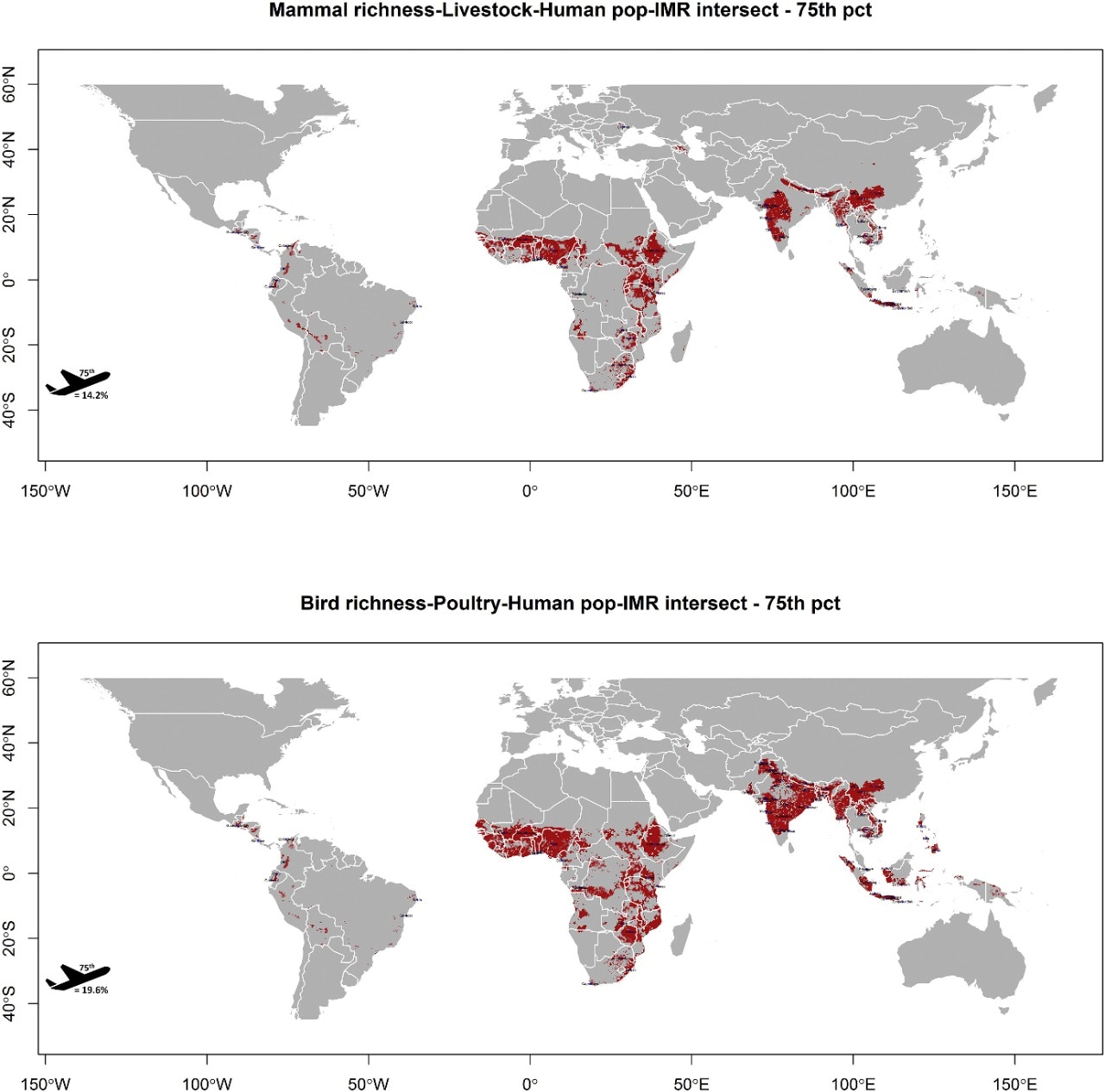 'Red-alert' zones from the paper led by the University of Sydney quantifying the global geography of wildlife-human interfaces. The interface zones of highest potential spillover impact, and their adjacent cities, are predominantly in sub-Saharan Africa and South and Southeast Asia.