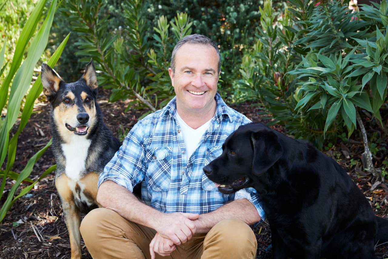 Photo of Professor Paul McGreevy patting his two dogs. 