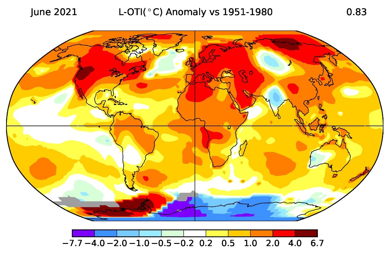 Map of land-ocean temperature index anomaly in June relative to the 1951-1980 baseline. Oregon State/NASA
