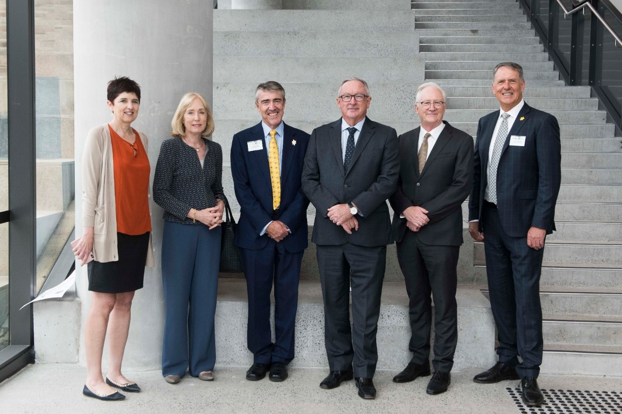 Launching The Daffodil Centre (L-R): Pro-Vice-Chancellor and Dean, Faculty of Medicine and Health Professor Robyn Ward; Chancellor Belinda Hutchinson; Cancer Council NSW Chair Mark Philips; Minister Brad Hazzard; Vice-Chancellor and Principal Professor Stephen Garton; Cancer Council NSW CEO Jeff Mitchell; at the University of Sydney today.